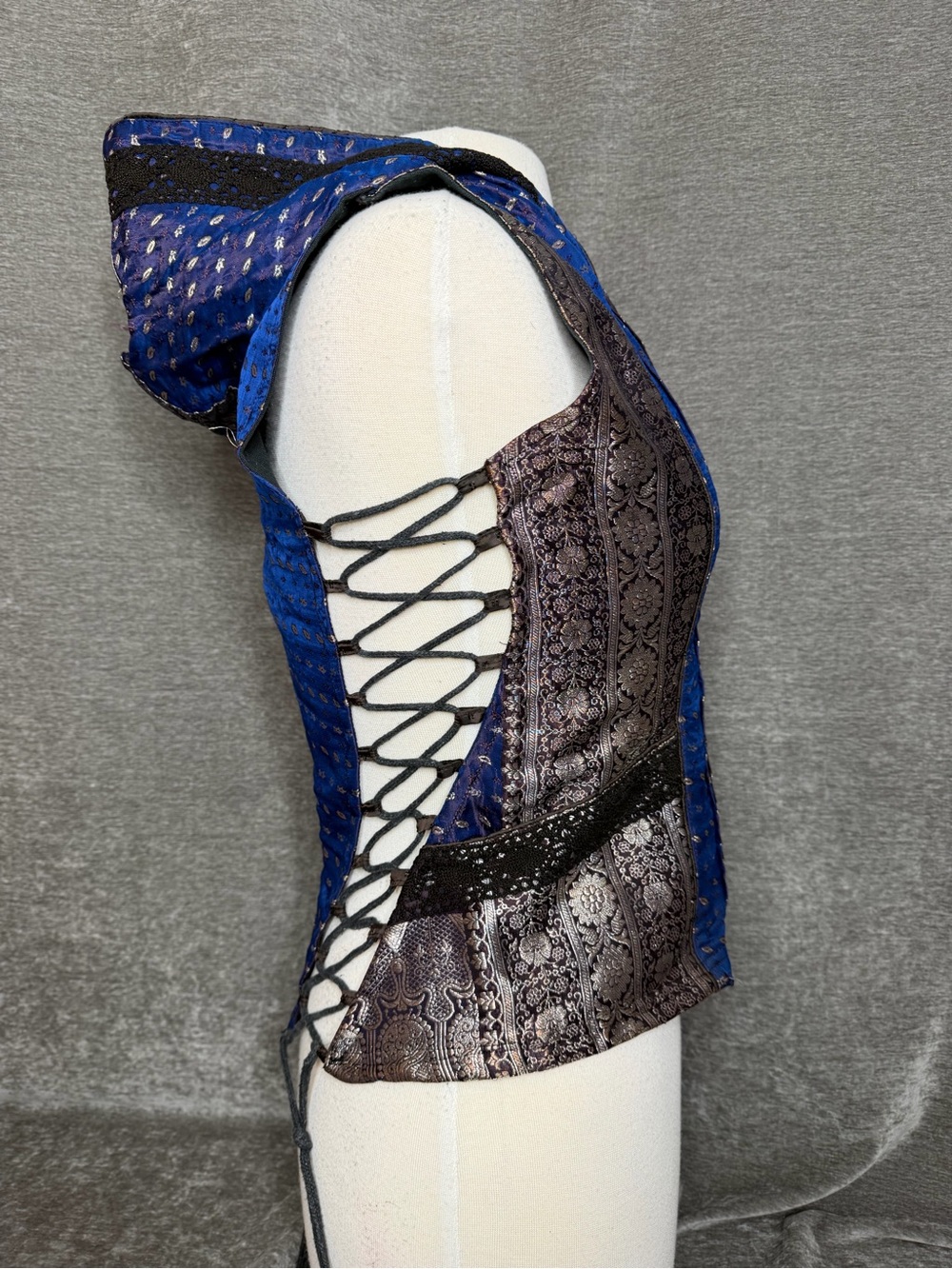 Lace-Up Blue & Silver Patterned Corset Top